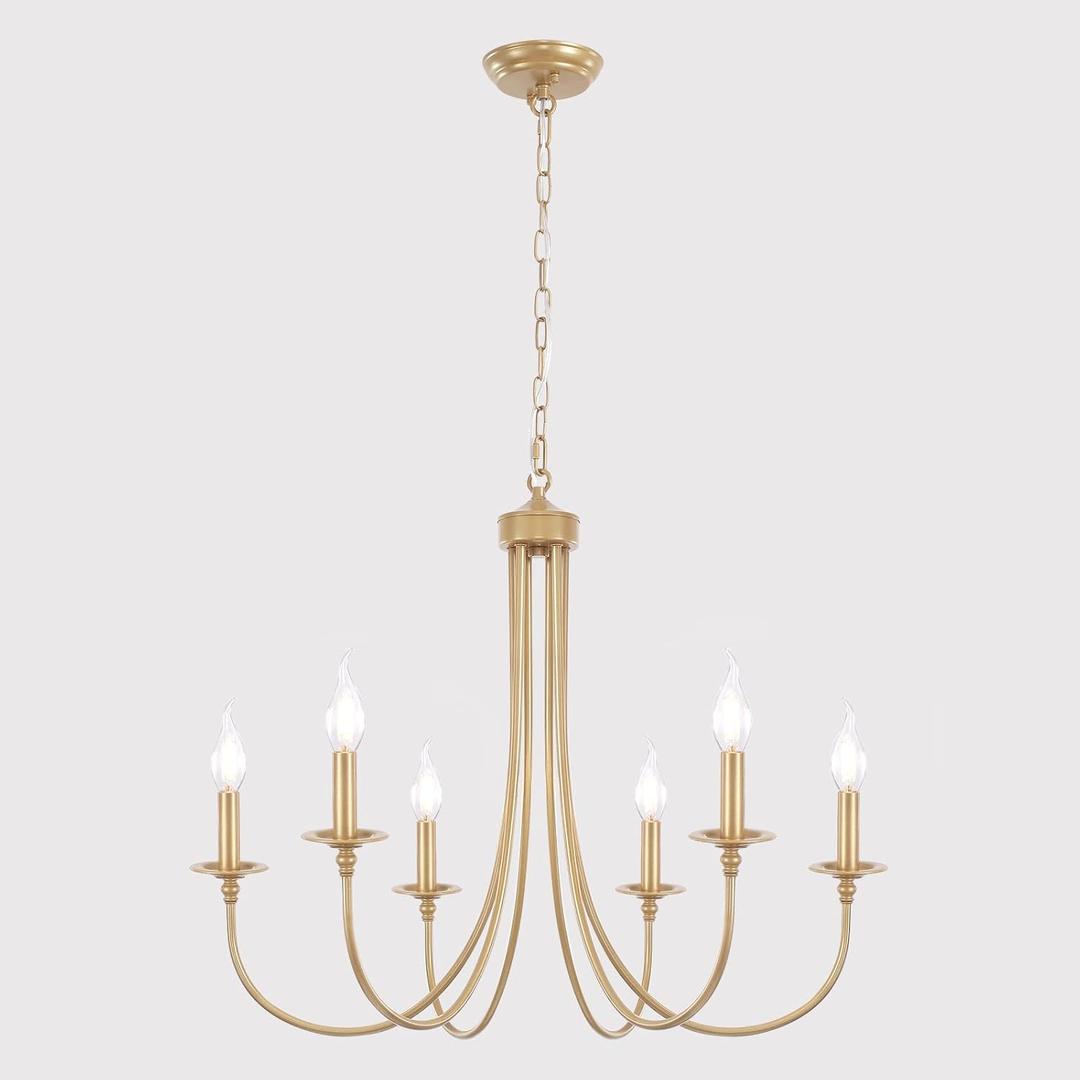 ALISADABOY Gold Farmhouse Chandelier Modern Candlestick Dining Chandelier Light Fixture Industrial 6 Light Pendant Lighting for Kitchen Living Room Bedroom Foyer Entrance Hallway Entryway, Gold Chandelier 