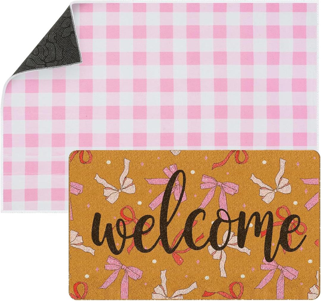 Tinideya 2 Pcs Pink Bow Welcome Doormat 23x35 in Layered Buffalo Plaid Carpet Coquette Non Slip Pink Bow Bathroom Mat Coir Mats Cute for Entrance Porch Indoor Outside Home Decor Gift Supplies