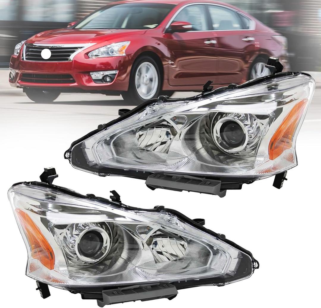 Headlight Assembly Compatible with 2013 2014 2015 Nissan Altima 4-Door Sedan,Halogen Headlamp Replacement Driver Passenger Side Chorme Housing Amber Reflector Clear Lens