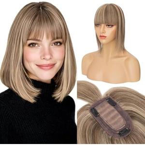 S-noilite Human Hair Toppers for Women with Bangs 100% Real Human Hairpiece 5"x3" Clip in Silk Base Topper Piece Cover Thinning Fine Hair 10 inch Medium Brown Highlighted Honey Blonde