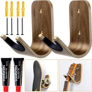 Guitar Wall Mount Holder Guitar Hanger with Pick Slot Skateboard Rack Modern Design Guitar Hook Ukulele Stand Wooden Violin Display Stand with Tool for Storage Bass Acoustic Mandolin Banjo (2 Sets)