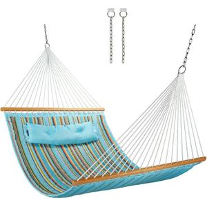 CHULIM 12 FT Double Quilted Fabric Hammock with Spreader Bars and Pillow 450 LBS Weight Capacity 2 Person Hammock for Outdoor Patio Backyard Poolside Blue Stripes