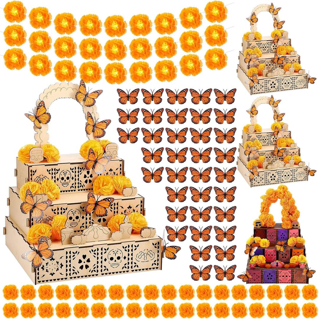 102 Pcs Day of The Dead Ofrenda Wooden Box Set DIY Dia De Los Muertos Decorations Include Altar Supplies 6 inch Marigold Garland with Light Artificial Marigold Flower Butterfly(Fresh)