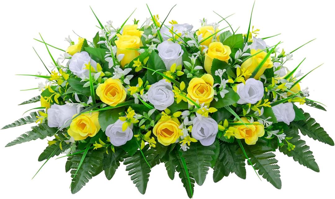 LVXINLI Artificial Cemetery Flowers Saddle-Shaped Tombstone Decorations Non-Fading UV-ResistantYellow and White Saddle
