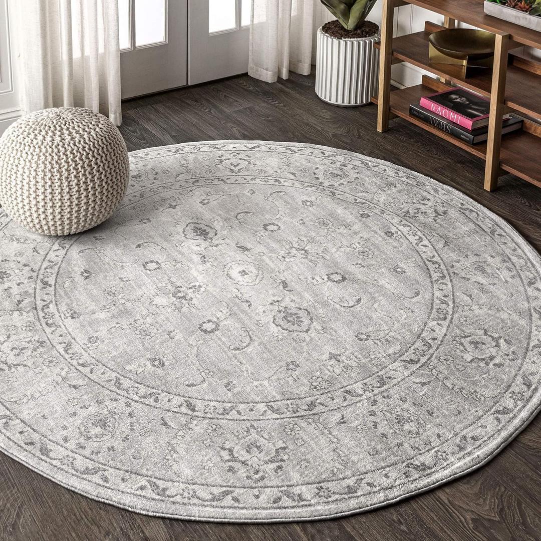 JONATHAN Y Modern Vintage Light Grey 5' Round Indoor Area Rug, Country, Floral, Easy-Cleaning for Living Room, Bedroom, Kitchen, Pet Friendly, Non-Shedding (MDP107B-5R)