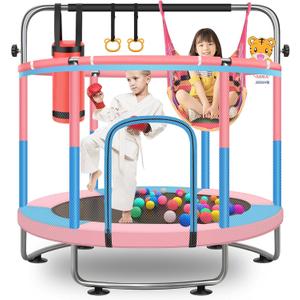 60" Toddler Trampoline for Kids, 5FT Adjustable Trampoline Indoor Outdoor with Enclosur Net, Mini Trampoline for Kids 3-10, 880lbs Capacity, Adjustable Gymnastics Bar, Basketball Hoop, Swing (Pink/Blue)