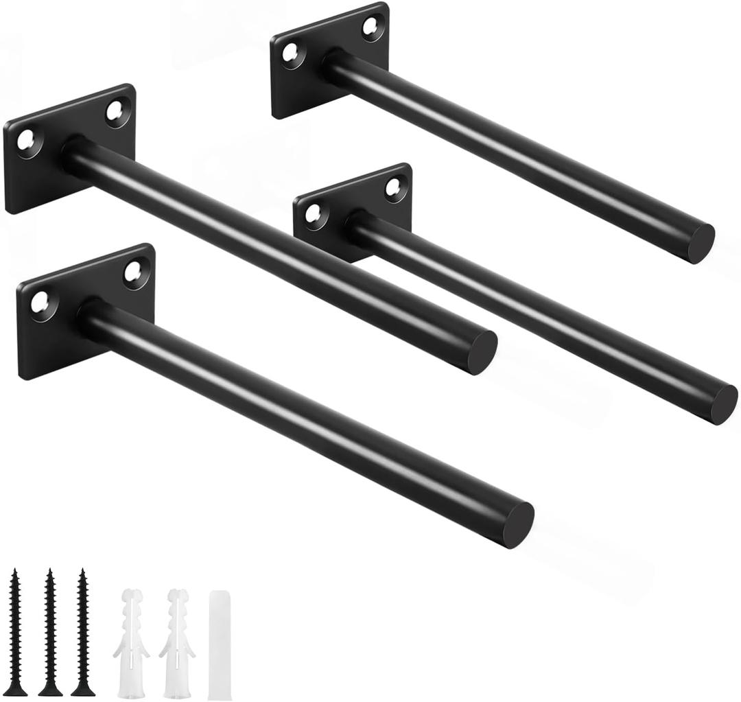 4 Pcs 6" Black Solid Steel Floating Shelf Bracket Blind Shelf Supports - Hidden Brackets for Floating Wood Shelves - Concealed Blind Shelf Support Screws and Wall Plugs Included