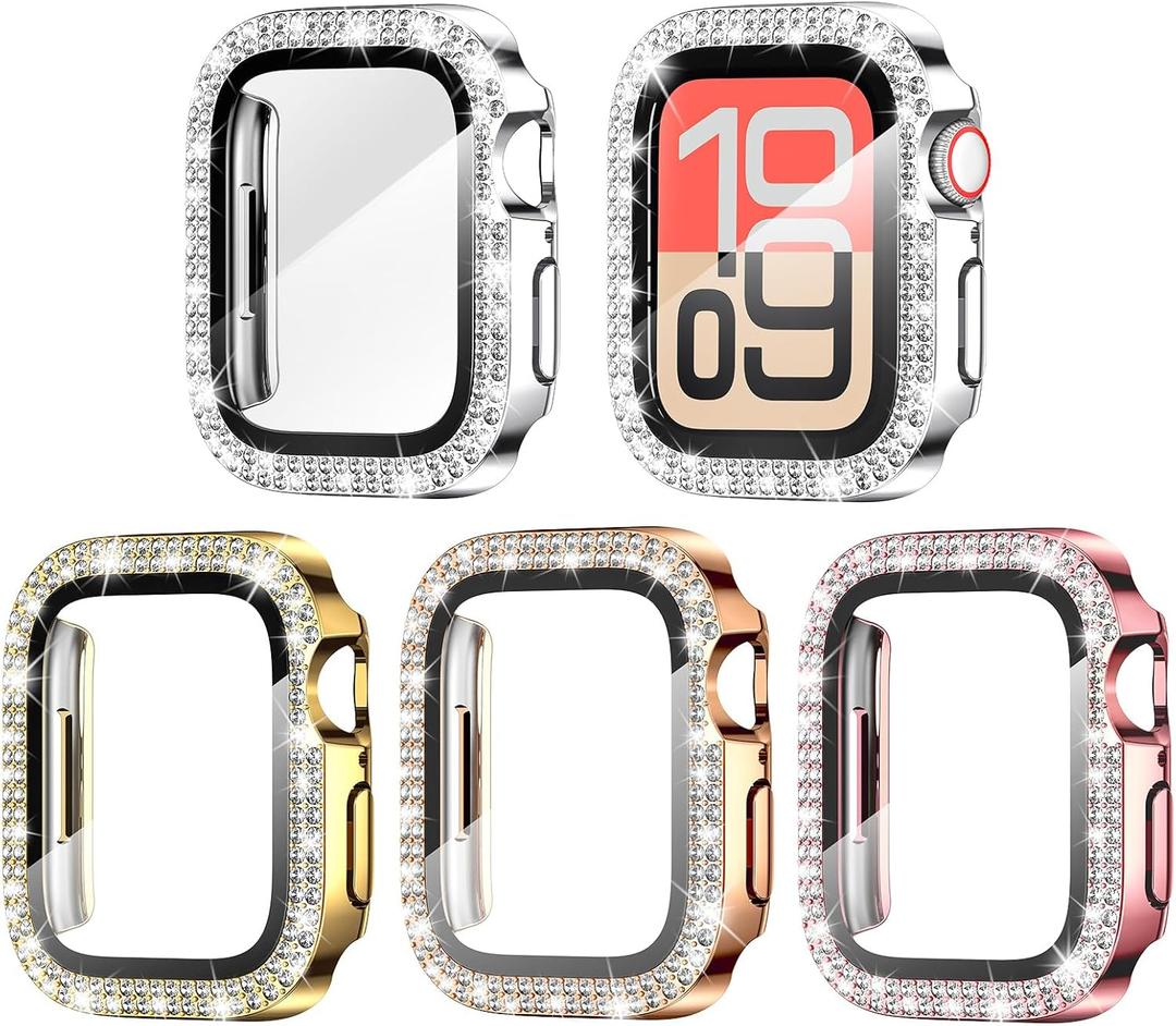 Goton 4-Pack Bling Case for Apple Watch Screen Protector 40mm Series 6/5/4, SE 3/2/1, Women Glitter Diamond Rhinestone Protector for iWatch Cover Accessories 40 mm (Silver+Gold+Rose Gold+Pink( Glass))