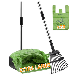 Toozey Unbreakable Dog Pooper Scooper with Extra Large Stainless Metal Poop Tray & 43.31" Long Handle Rake Scoop, Easy Waste Cleanup for Large, Medium, Small Dogs with 20 Bags
