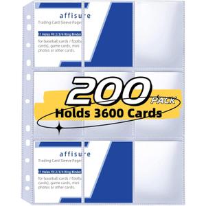 200 Pack 9 Pocket Trading Card Binder Pages, Holds 3600 Cards, Thickened Binder Sleeves, 3 Ring 9 Pocket Sheets for Sports Cards, Coupons Cards