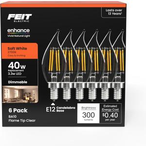 Feit Electric 40-Watt Equivalent CA10 LED Light Bulb, Dimmable Enhance Glass Candelabra Filament, 300 Lumens, 13 Yrs. Lifetime, 2700K Soft White, 6-Pack - CFC40/927CA/FIL/6