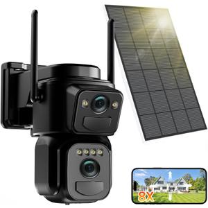 4K Solar Security Cameras Wireless Outdoor Battery Powered, 5GHz & 2.4GHz Dual Lens Bullet & 360 PTZ Outdoor Security Camera with Solar Panel, Digital Zoom, Night Vision,PIR Sensor (1Pack)