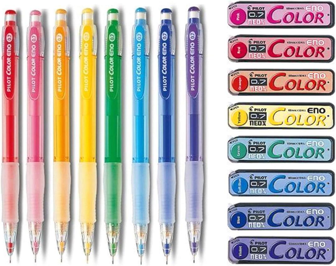 Pilot Color Eno 0.7mm Automatic Mechanical Pencil 8 Color Set & 0.7mm Lead Refill 8 Color Set