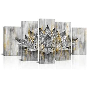 LevvArts 5 Panel Lotus Flower Wall Art Trendy Silver Golden Flower Painting Canvas Prints Zen Lotus Picture Artwork for Living Room Yoga Meditation Spiritual Decor Framed Ready to Hang