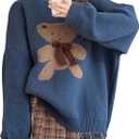 SHENHE Women's Cute Cartoon Bear Bow Oversized Sweater Crew Neck Ribbed Knit Pullovers Blue Medium