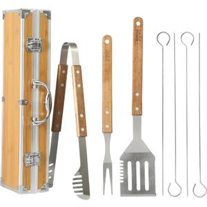 Gibson Home Barbeque Pro 8-Piece BBQ Tool Set with Acacia Wood Handles and Aluminum Storage Case Grill Accessories Kit