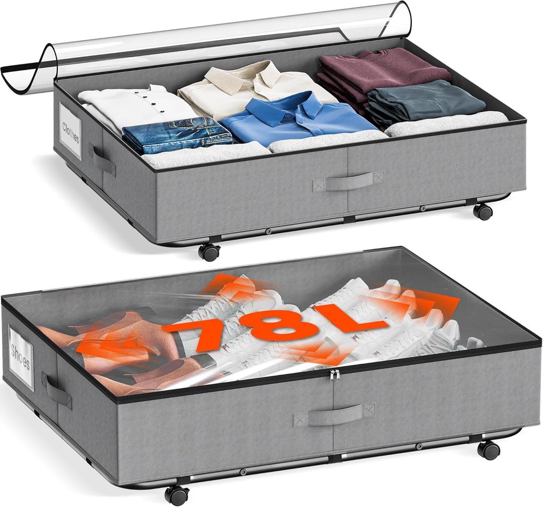 XXXL 78L Under Bed Storage with Wheels, Rolling Storage Containers with Clear Lid & Label, Heavy-Duty Metal Frame, Easy Pull-out, Underbed Storage Bins for Clothes, Shoes, Blankets, and Toys, 2 Pack