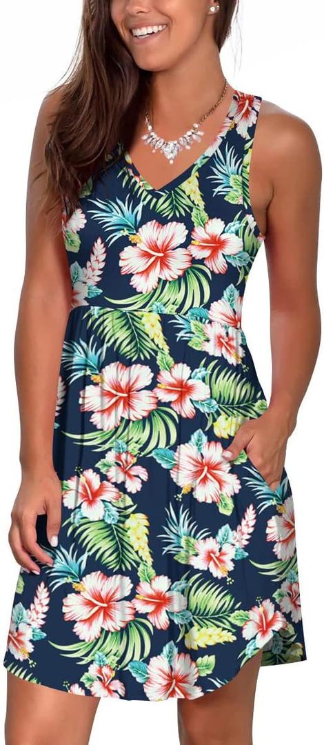Atizon Casual Summer T Shirt Dress for Women V Neck Swing Elastic Tunic Short Sundress with Pockets (Large, 1 Floral Print)