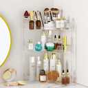 SUNZOS 3-Tier Corner Bathroom Counter Organizer, Bathroom Organizer Countertop with Makeup Brush Holder, Vanity Makeup Cosmetic Storage, Corner Storage for Kitchen, Dresser, Transparent Clear