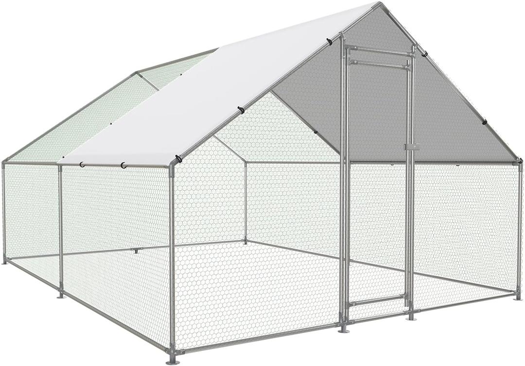 Large Metal Chicken Coop Walk-in Poultry Cage with Water-Resident and Anti-UV Cover Duck Rabbit Cat House Outdoor Chicken Run Pen with Spire Shaped Cage (13.1L9.8W6.5H, Metallic)