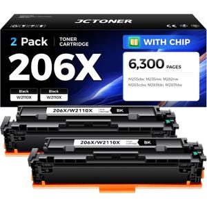 206X Black Toner Cartridge 2-Pack with chip High Yield Replacement for HP 206X W2110X 206A W2110A Compatible for HP Color LaserJet Pro MFP M283cdw M283fdn M283fdw M282nw M255dw M255nw M283 Printer Ink