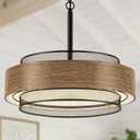 19.7 inch Farmhouse Chandeliers for Dining Room, 5-Light Rustic Large Round Black Chandelier Metal Wood Texture Interior Hanging Lighting for Entryway Kitchen Island Foyer Bedroom Living Room