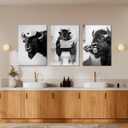 Funny Bison Bathroom Wall Art - 3 Piece Black and White Buffalo on Toilet Canvas Prints, Humorous Animal Pictures for Restroom Decor, 16x24 Inch Framed, Unique White Elephant Gift