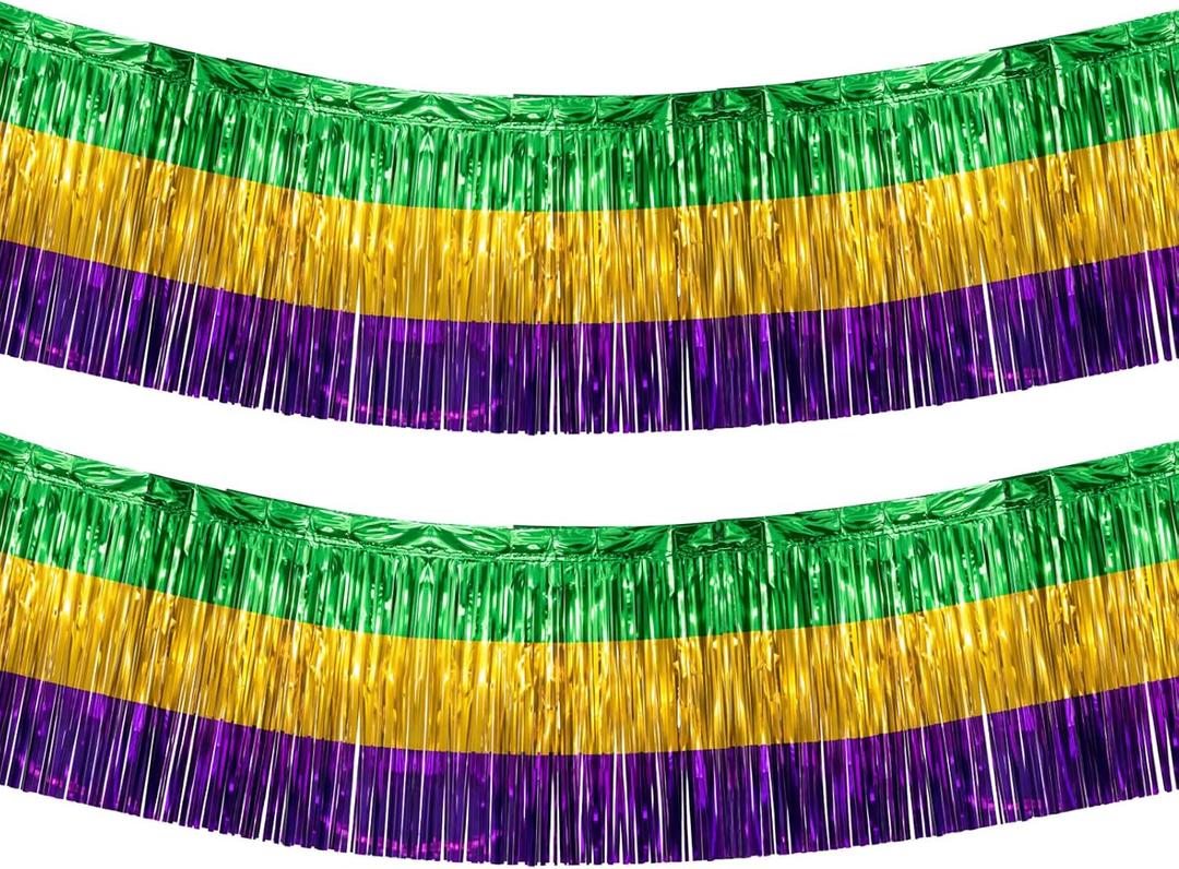 2 Pack 29x108 Inch Mardi Gras Table Skirts Metallic Foil Fringe Table Skirts for Wedding,Birthday, Mardi Gras Decorations (2 Ps)