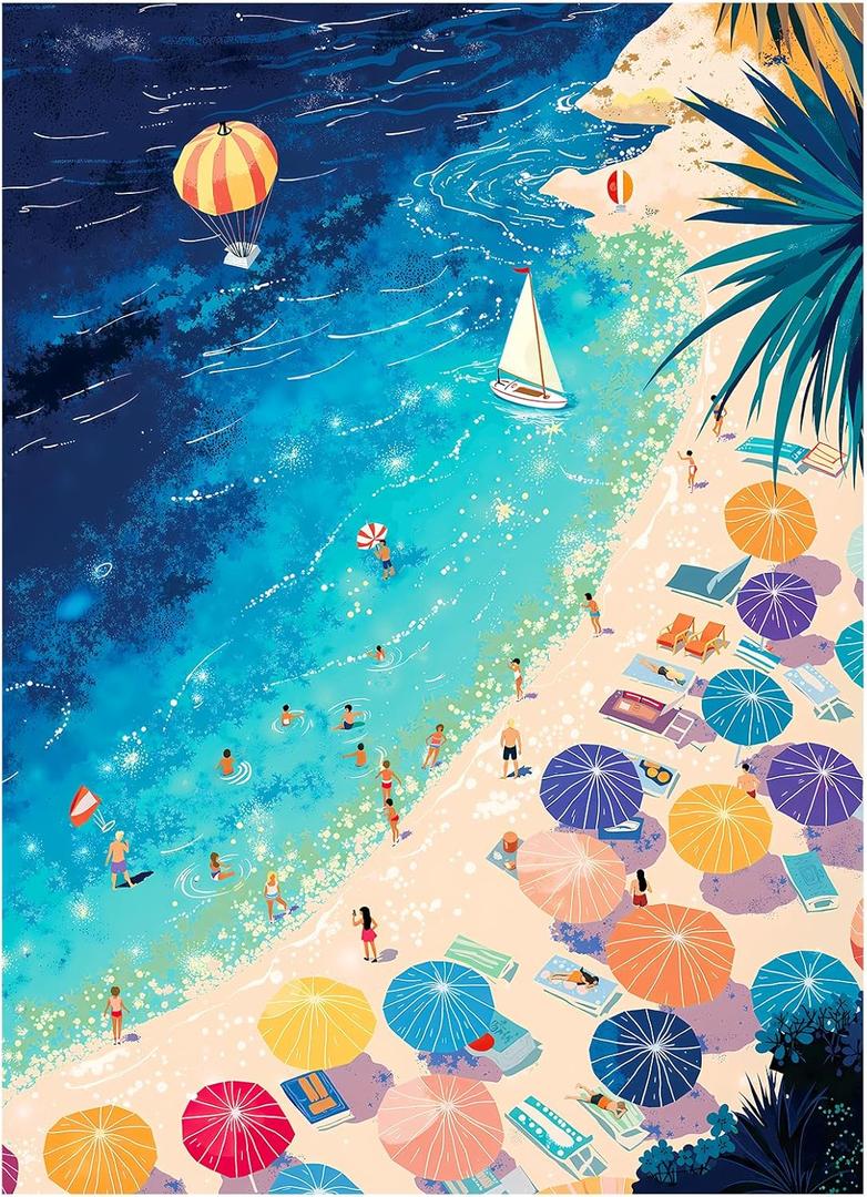 Jigsaw Puzzles for Adults 1000 Pieces, Challenging Unique Shaped Puzzle for Game Night Family Home Decor, 20x27 Inches, Vacation Relax Beach Blue Sea Puzzles