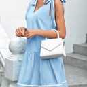 Wenrine Womens Summer V Neck Mini Dress Tie Shoulder Sleeveless Contrast Loose Casual Beach Dresses (Blue)