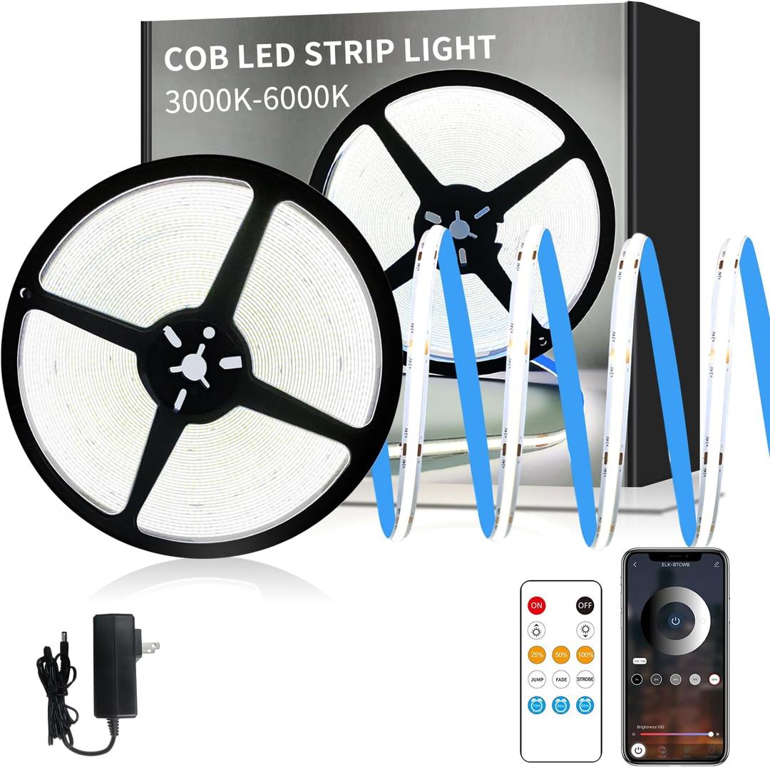 COB LED Strip Lights 50ft,6000K DC 24V Dimmable White Flexible LED Rope Lights for Bedroom,with Remote and app Control LED Lights Strip for Living Room, Shelf, Cabinet