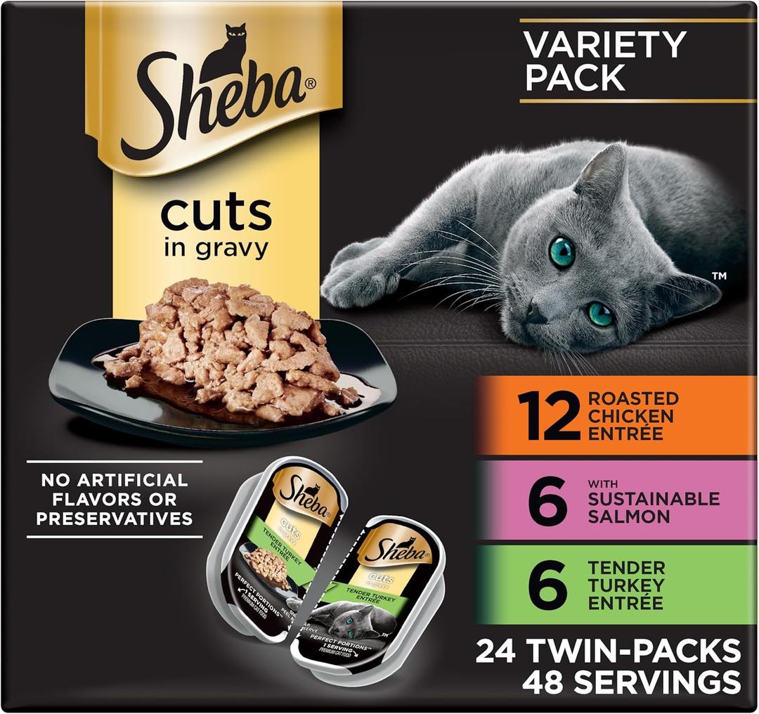 Sheba Perfect Portions Wet Cat Food Cuts in Gravy, Cat Food Wet Recipe, Roasted Chicken Entree, with Sustainable Salmon, Tender Turkey Entree, 2.6 oz. Twin-Pack Trays (24 Count, 48 Servings) (EXP 02/29/28)