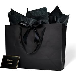 Aosric Black Gift Bags with Tissue Paper, 2 Pack 16x6x12 In Large Gift Bag with Ribbon & Greeting Card for Wedding, Birthday, Party Favor, Christmas, Return Gifts