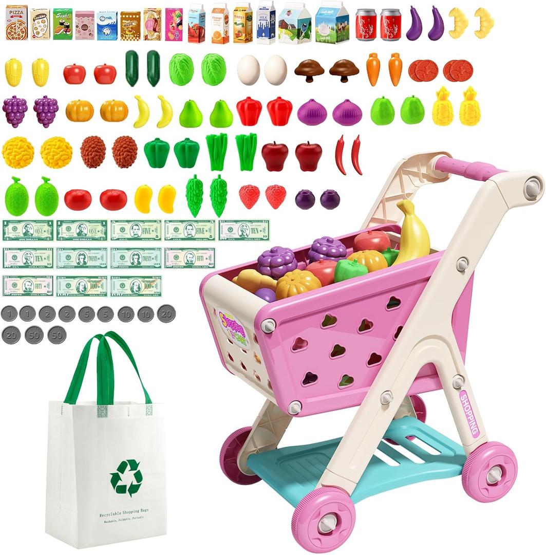 Jovow 102pcs Kids Shopping Cart Trolley Play Set with Pretend Food and Accessories,Perfect for Ages 3+ Pretend Play and Role-Playing Games (Pink)