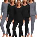 Patelai 5 Set Women Thermal Underwear Sets Fleece Lined Thermal Underwear Winter Warm Base Layer Top and Bottom (Large, 3 Black, 2 Gray)