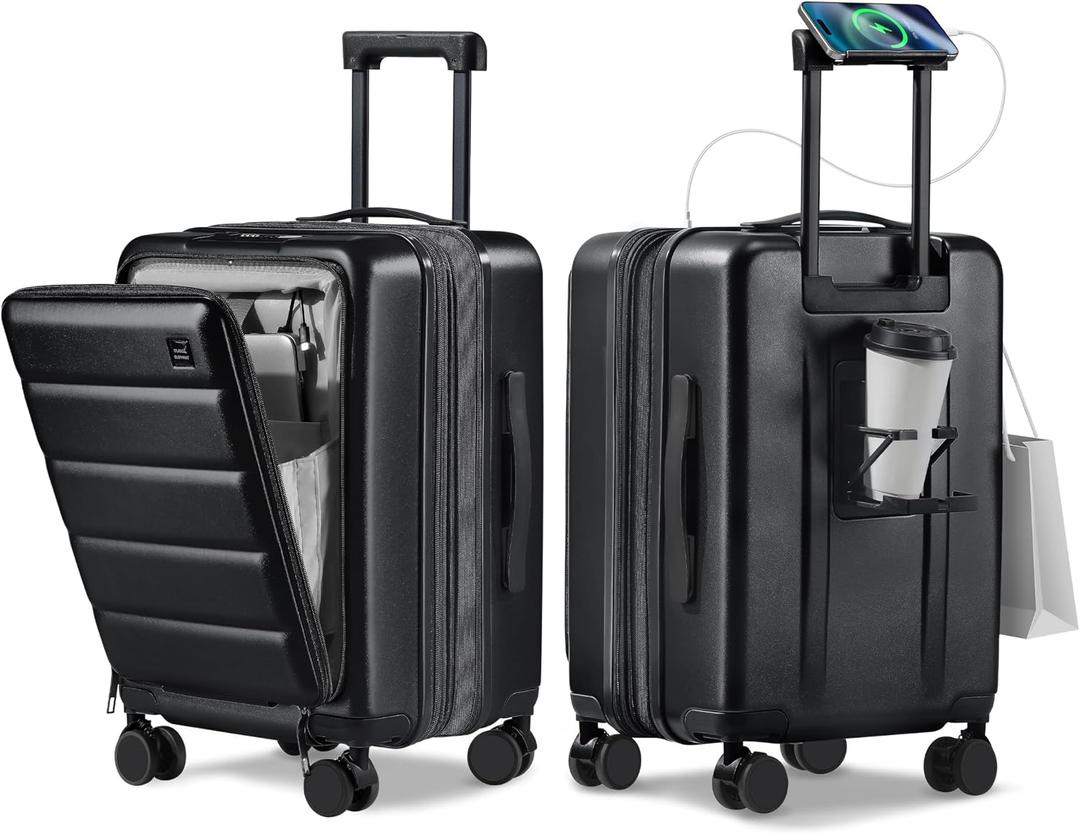 Expandable 20Inch Carry On Luggage Airline Approved - Front Pocket Travel Suitcase 100% PC Unbreakable -with Cup Holder,USB Charge,Side Pothook, 360°Spinner Wheels, TSA Lock-Black, 20 Inch-EXT