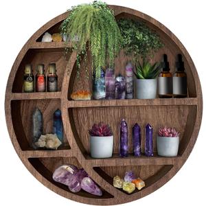 Wooden Crescent Moon Shelf Wall Decor - Decorative Boho Home Hanging Display Shelf for Bedroom, Dorm, Nursery - Easy Mount Storage for Crystals and Essential Oils - 14 x 14 x 3.5 (Brown)