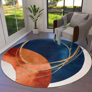 Navy Blue Burnt Orange Round Area Rugs, Boho Art Modern Geometric Non-Skid Children Playing Mat, 6ft Soft Circle Farmhouse Rugs for Living Room, Bedroom, Dining Room