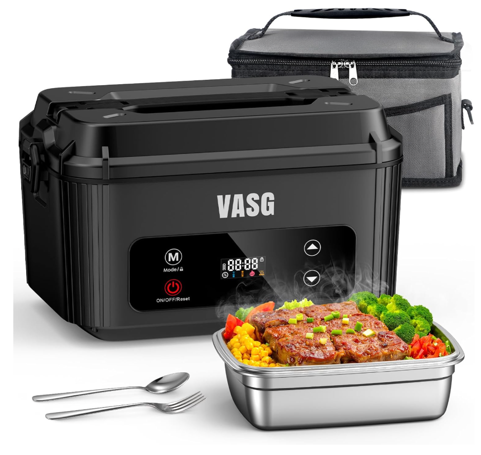 VASG 2026 Upgraded Cordless Heated Lunch Box for Adults, XXL 5.1-Cup Electric Lunch Box with 360° Surround Rapid Heating, 12000mAh Portable Food Warmer with Timer, LCD Display for Office & Car