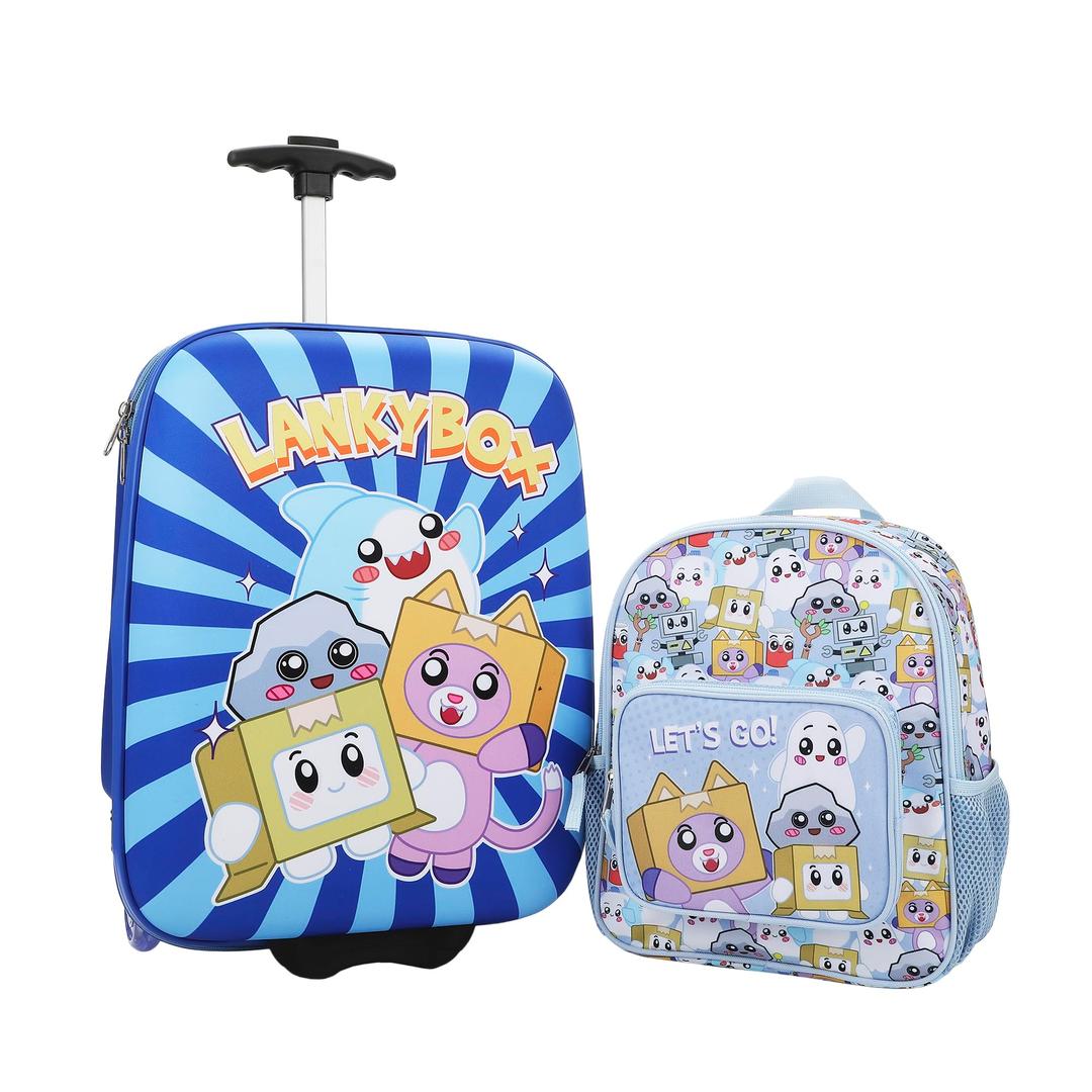 Bioworld Lanky Box Character Group Shot 2-Piece Youth EVA Wheeled Youth Luggage & Travel Backpack Set