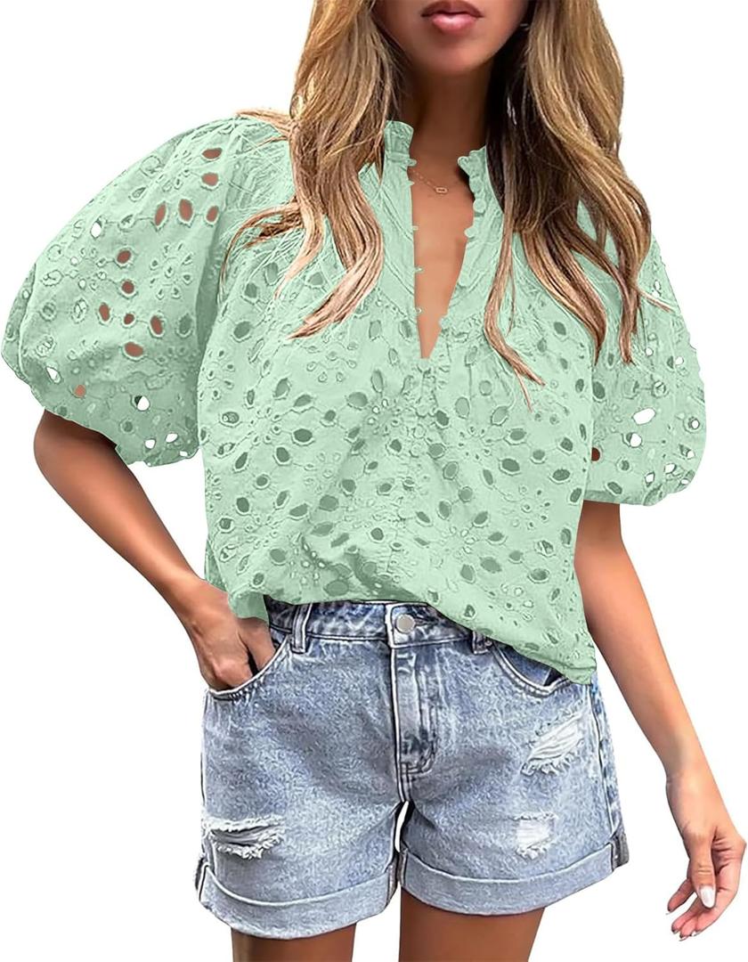 BETTE BOUTIK Women's Long Short Sleeve Tops 2025 Dressy Casual Button Hollow Out Lace Embroidered Blouses Shirts (Light Green)