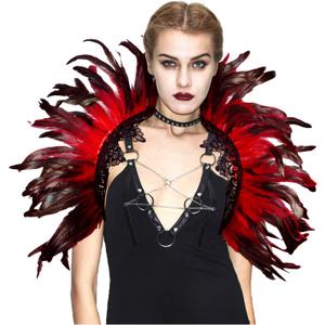 L'VOW Victorian Natural Feather Poncho Capelet Shrug Wrap Lace Collar Shoulder Halloween Witch Shawl Costumes (Red)