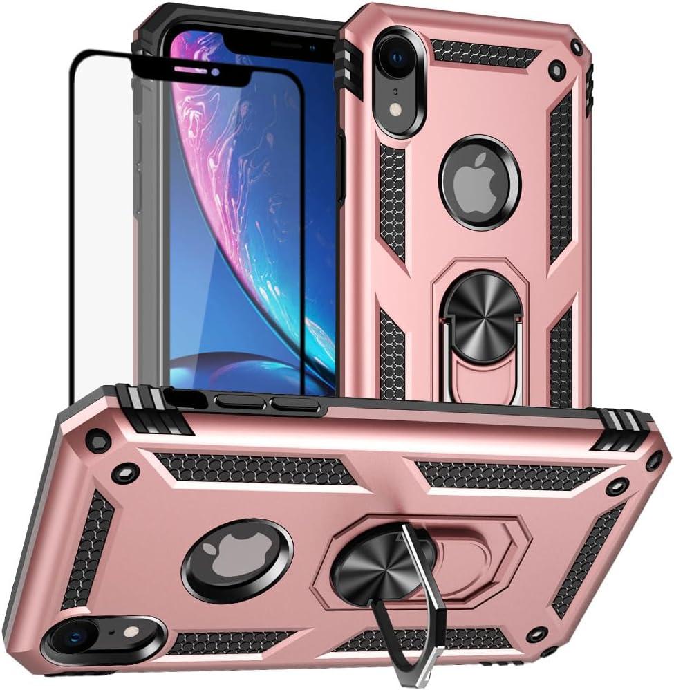 Yiakeng for iPhone XR Case, iPhone XR Phone Case with Screen Protector, Military Grade Protective Cases with Ring for iPhone XR (Rose Gold)
