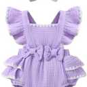 Megeoly Baby Girl Summer Clothes Ruffle Sleeve Cotton Linen Romper Dress Infant Girls Lace Trim Jumpsuit with Headband 12-18M