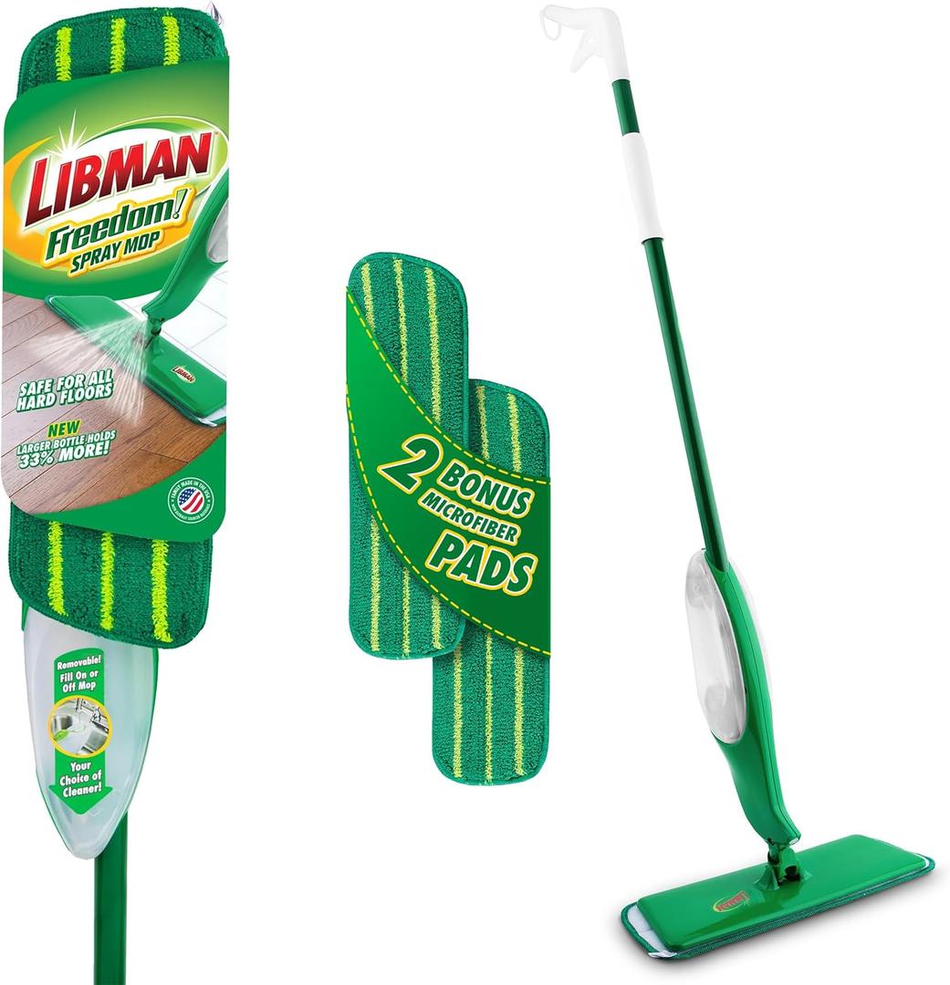 Libman Freedom Spray Mop Kit | Microfiber Mop | Household Essentials | Hardwood Floor Cleaner | Wall Mop | 24 Oz Reservoir Tank | Two Extra Replacement Heads Included