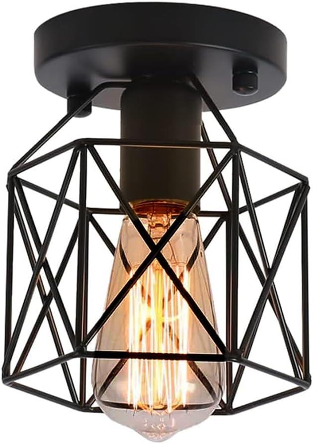 Semi Flush Mount Ceiling Light, Hallway Light Fixtures Ceiling Mount,E26/E27 Base Black Industrial Metal Cage Light Fixtures Ceiling for Farmhouse Kitchen Bedroom Hallway Garage Porch (1)