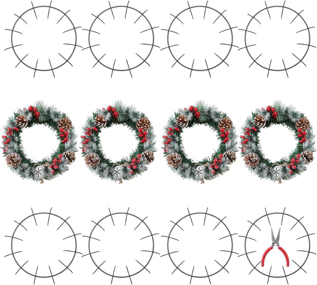 12 Pcs 12'' Christmas Wire Wreath Frames Rings with Plier Metal Live, Heavy Duty Round Wreath Forms for Xmas Garden Home Party Decorations Floral Arrangements Craft Supplies, Adjustable Shape, Green
