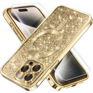 Misea Magnetic for iPhone 15 Pro Max Case Compatible with MagSafe [Military Grade Drop Protection] Full Camera Lens Protector Plating Glitter Soft Phone Case for Women Girls, Gold