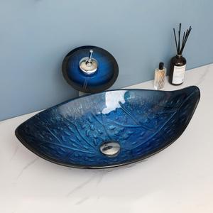 23"x14" Blue Bathroom Vessel Sink, Leaf Shape Tempered Glass Sinks And Faucet Combo, Washing Basin Bowl Waterfall Chrome Brass Pop Up Drain