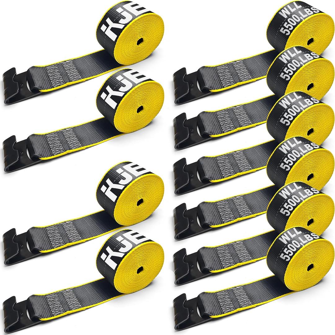 KJE 10 Pack Reflective 4 Inch Straps for Flatbed Trailer, 4" x 30' Black Heavy Duty Tie Down Truck Strap, WLL# 5,500 lbs w/Flat Hooks Winch Straps, Cargo Control for Flatbed Truck, 4"x30'-10pcs